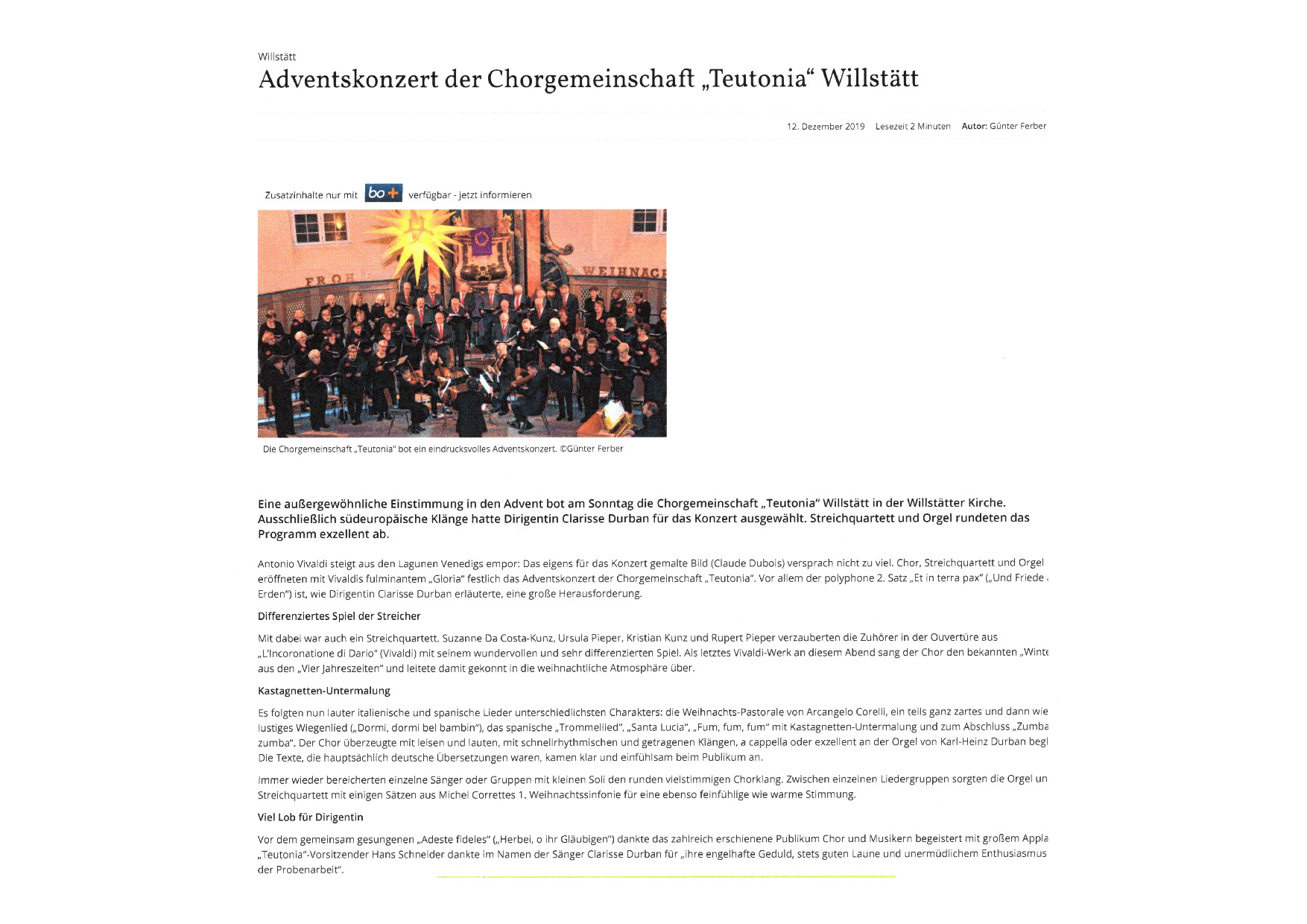 Pressekritik – Adventskonzert 2019  - "Vivaldi als zündender Funke für weihnachtliche Klänge"